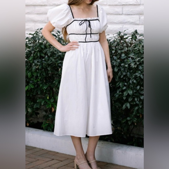 Morning Lavender Dresses & Skirts - Morning Lavender White Midi Dress with Black Trim